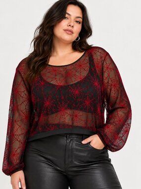NWT Torrid 6 Black & Red Flocked Spiderweb Sheer Mesh Long Sleeve Top Halloween